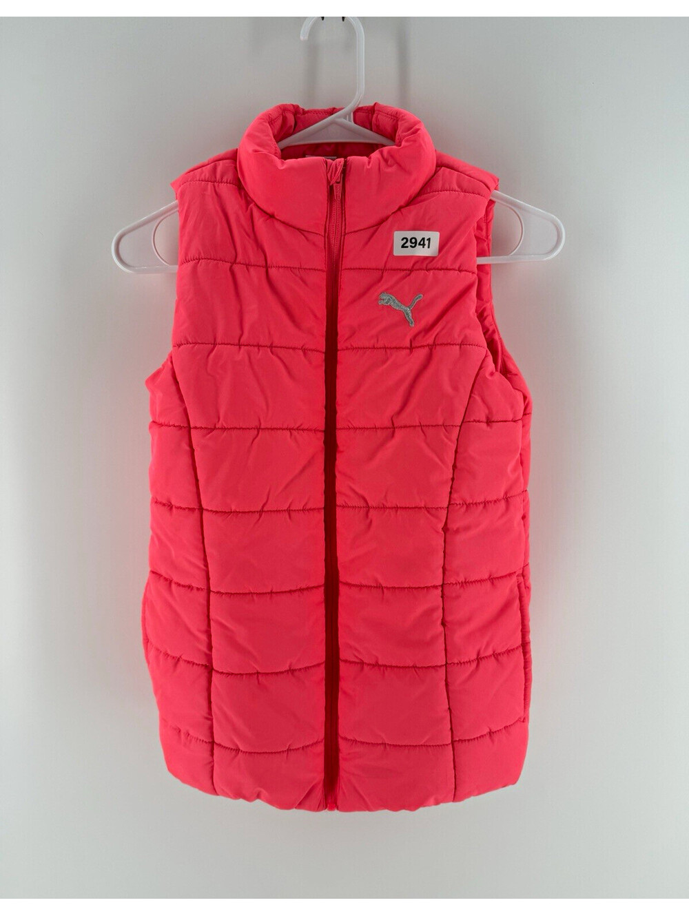 PUMA Girl's Pink Solid Puffer Vest Full Zip Insulated Pockets Sz M 10/12